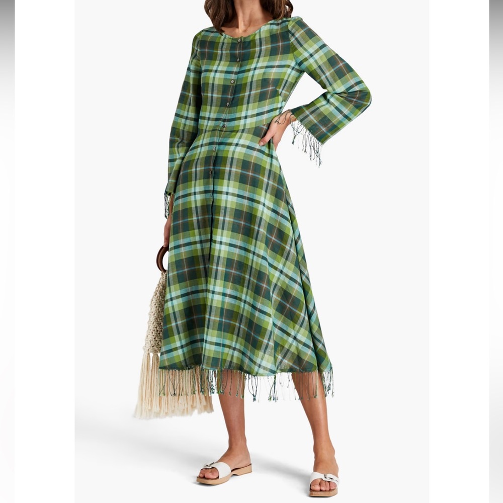 MARYSIA | River fringed checked cotton and linen-blend midi dress